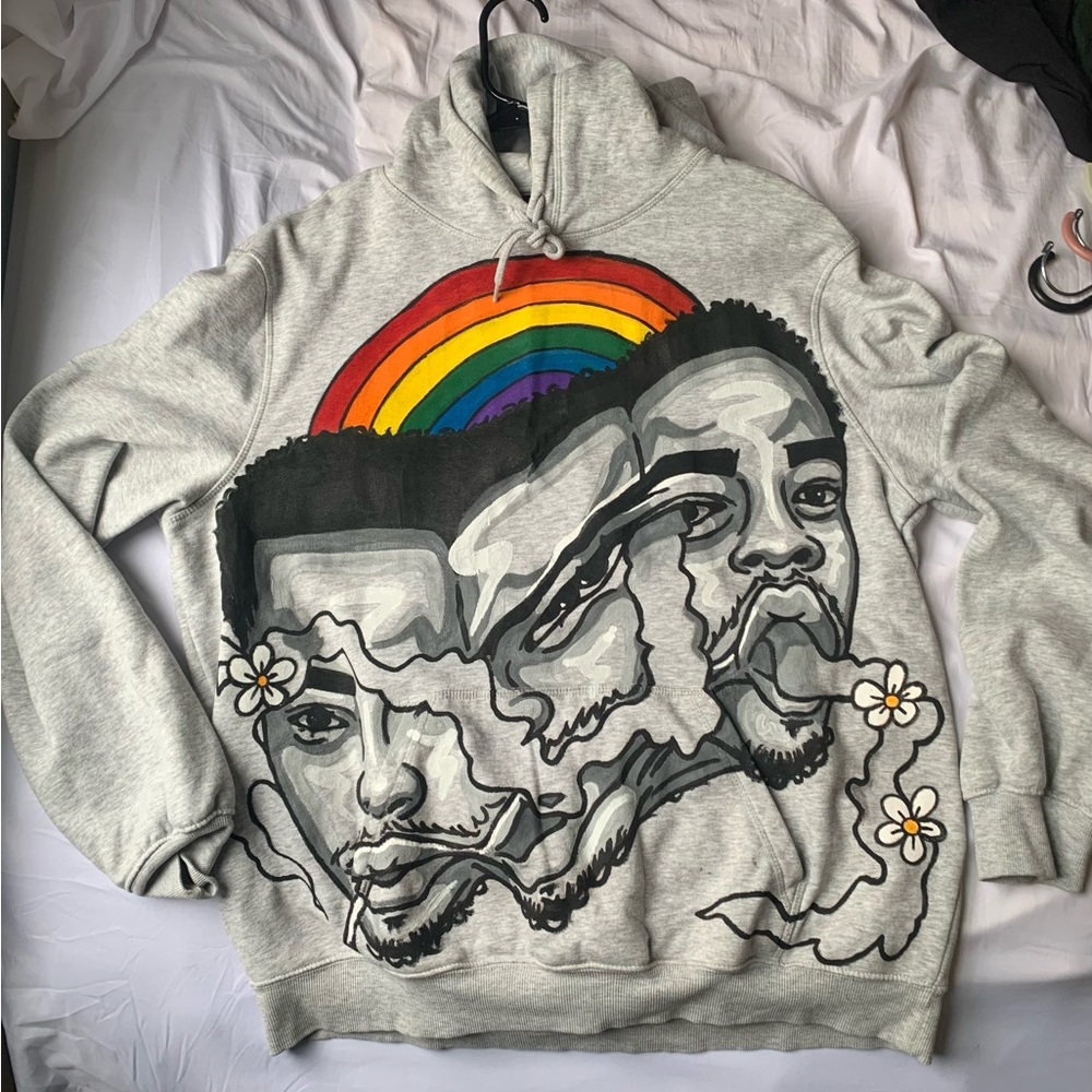 H&M Gray Crewneck Hoodie with Rainbow and Graphic Faces
